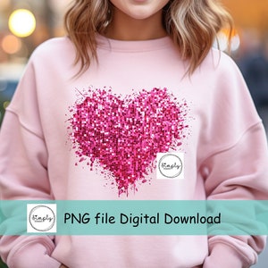 San Valentín png, diseño de camisa Glitter Sequin Heart, Heart Love PNG, brillo de lentejuelas falsas, sublimación de San Valentín de moda, Pink Love png