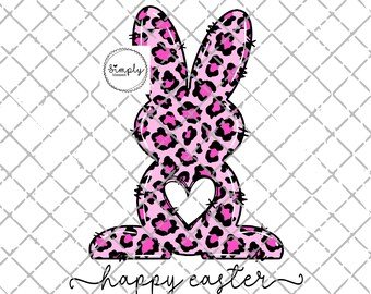 May include: Pink and black leopard print Easter bunny with a heart cutout. The bunny is sitting on a white background with the text "happy easter" written below it.