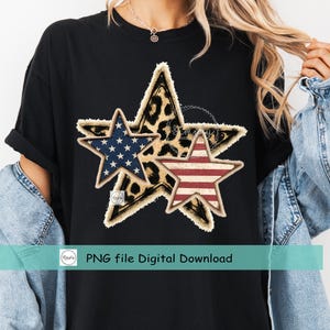 May include: Black t-shirt featuring a patriotic star design. The design includes stars with American flag and leopard print patterns. The text "PNG file Digital Download" is visible at the bottom of the image.