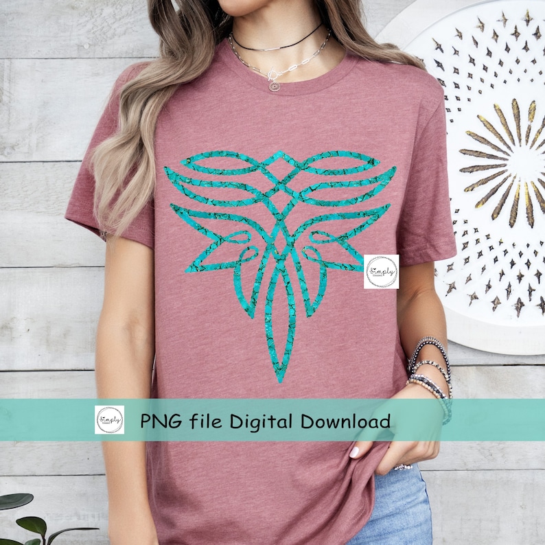May include: A pink t-shirt with a turquoise blue geometric design. The design is a stylized abstract pattern with a turquoise blue color and a textured look. The text "PNG file Digital Download" is at the bottom of the image.