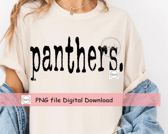 May include: A white t-shirt with the word "panthers" printed in black letters. The letters are in a typewriter font. The shirt is a digital download.