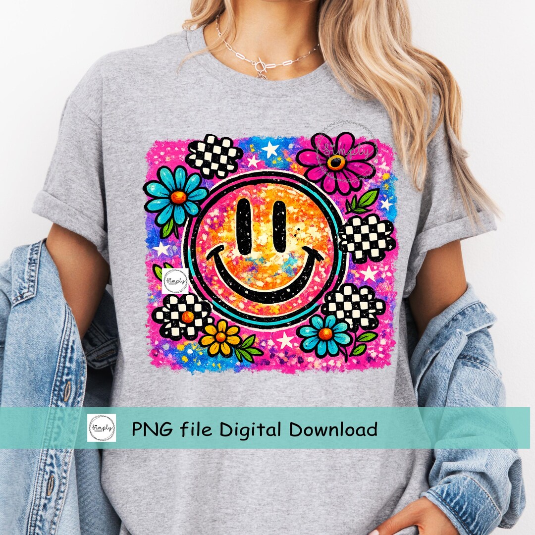 Retro Smiley Face Spring PNG, Neon Summer Shirt Design PNG, Flower ...