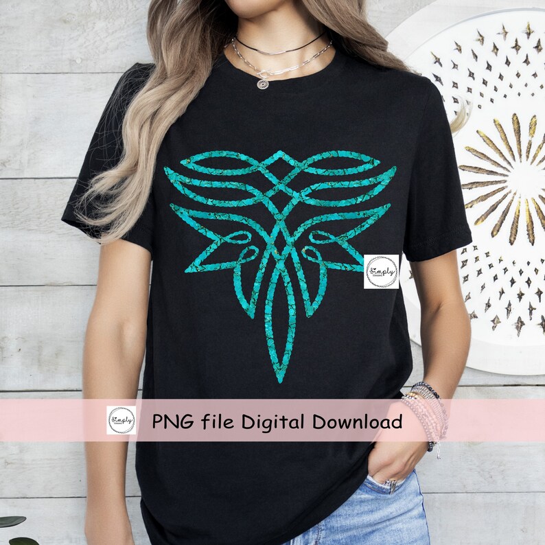 May include: A black t-shirt with a turquoise blue graphic design of a stylized geometric pattern. The design has a textured look, resembling turquoise stone. The text "PNG file Digital Download" is visible at the bottom of the image.