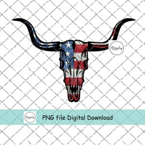 Cráneo de vaca con bandera estadounidense PNG, América PNG, Diseño de sublimación, Diseño de camiseta de rodeo occidental, Descarga digital patriótica de cráneo de toro, Texas PNG