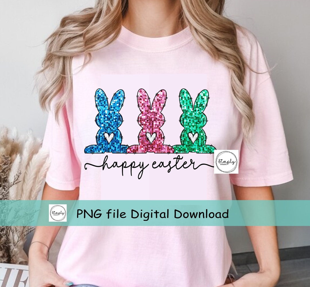 Easter Png, Sequin Glitter Easter Bunny Png, Three Bunnies Happy Easter