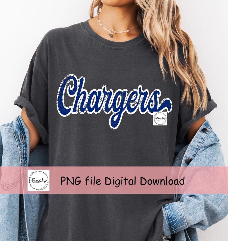 May include: Dark grey t-shirt featuring the word "Chargers" in blue script with a white outline. The shirt also has the text "PNG file Digital Download". A small logo is on the lower right.