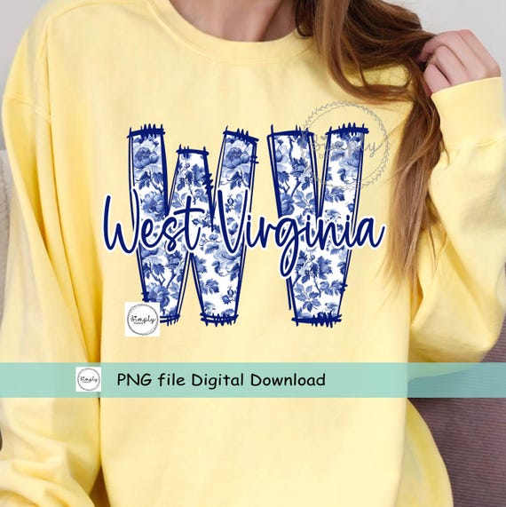 West Virginia shirt design PNG, Trendy West Virginia Png, West Virginia Coquette Bow Png, Blue Floral Toile, Preppy State DTF or sublimation