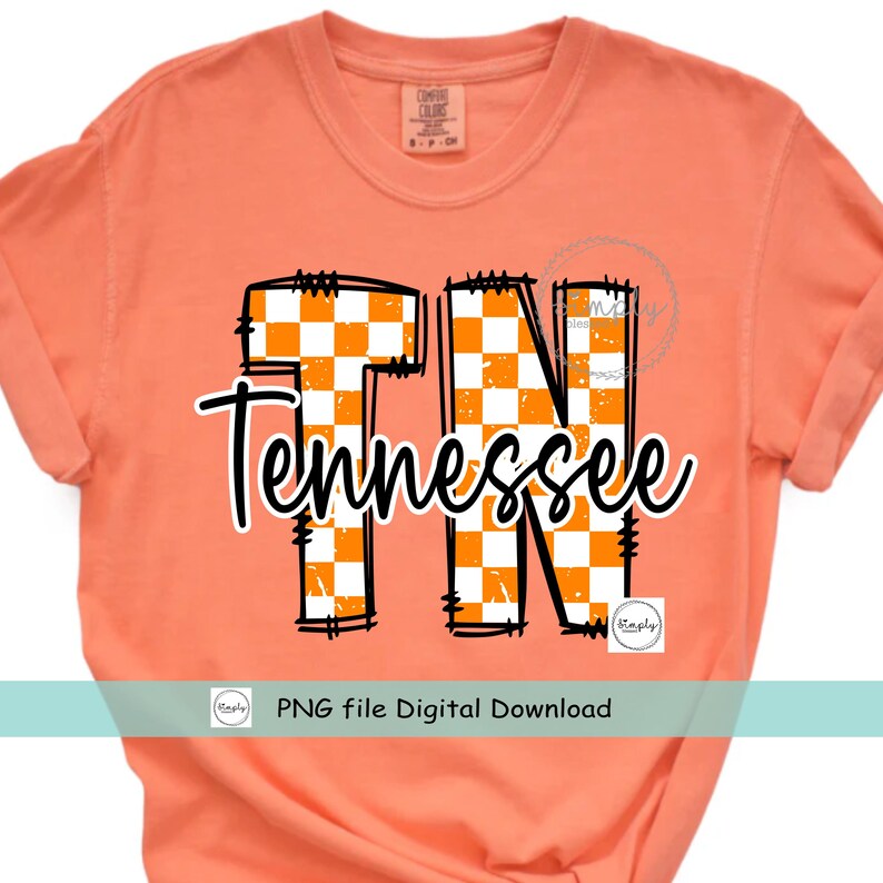 May include: Orange t-shirt with the word "Tennessee" in a cursive font over the letters "TN". The letters are outlined in black and filled with a white and orange checkered pattern. The shirt also says "PNG file Digital Download".