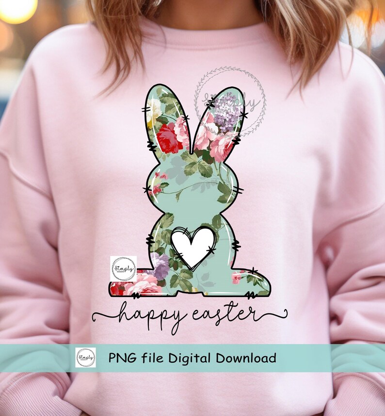 May include: A digital download of a floral bunny graphic with the text "happy easter" and "PNG file Digital Download".