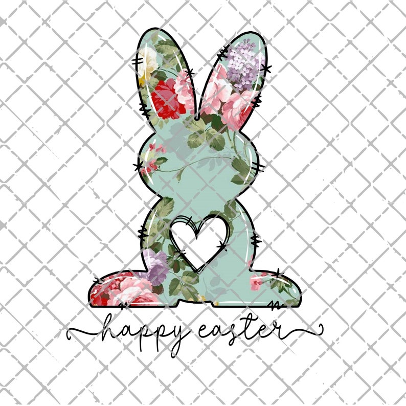 May include: A floral patterned Easter bunny with a heart cutout in the center. The bunny is sitting on a white background with the text "happy easter" written below it.