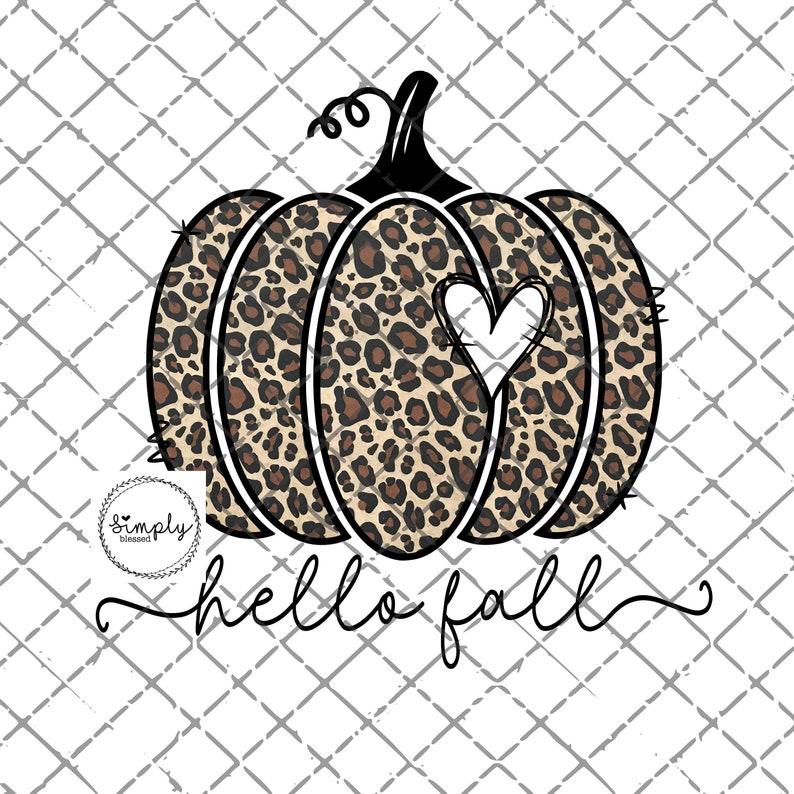 May include: A leopard print pumpkin with a white heart cut out in the center. The pumpkin is outlined in black and has a black stem. The text "hello fall" is written below the pumpkin.