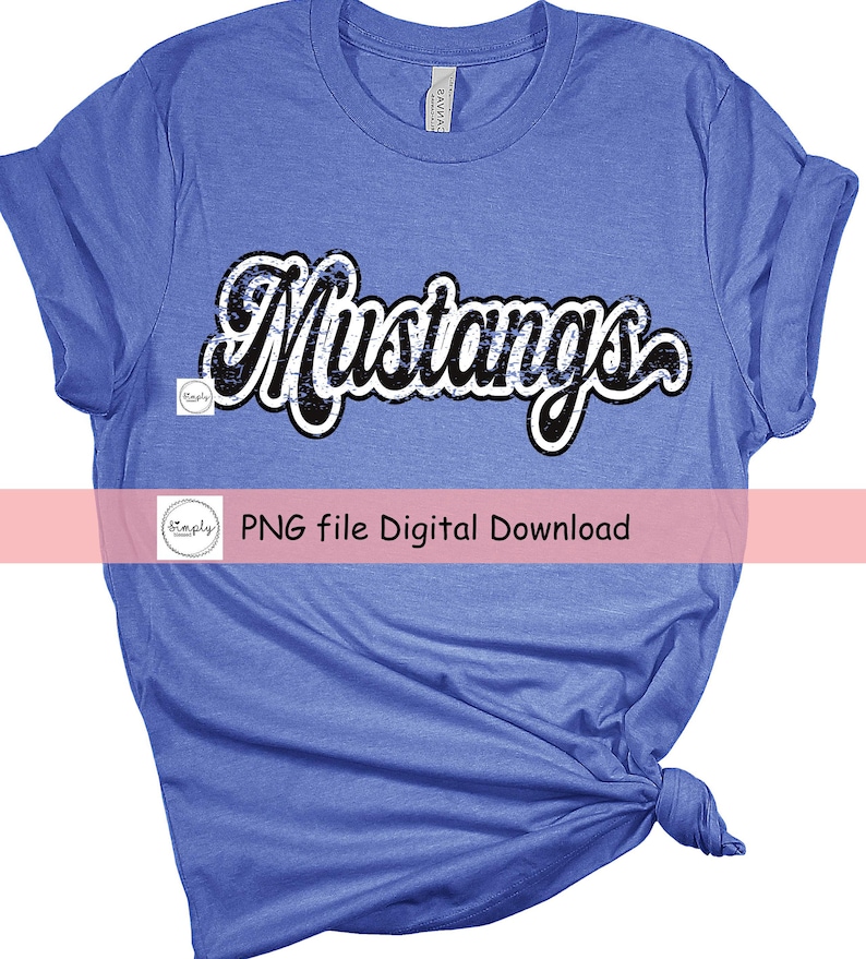 May include: A blue t-shirt with a white and black distressed graphic that says "Mustangs".