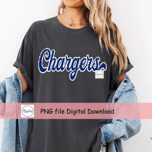 May include: Dark grey t-shirt featuring the word "Chargers" in blue script with a white outline. The shirt has rolled-up sleeves and a small logo on the right. The text "PNG file Digital Download" is also visible.