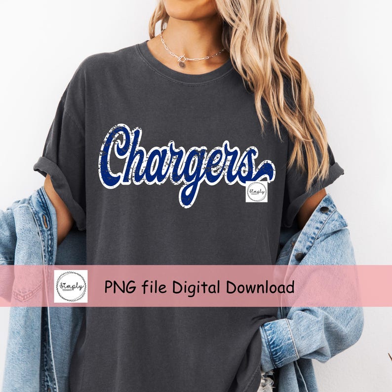 May include: Dark grey t-shirt featuring the word "Chargers" in blue script with a white outline. The shirt has rolled-up sleeves and a small logo on the right. The text "PNG file Digital Download" is also visible.