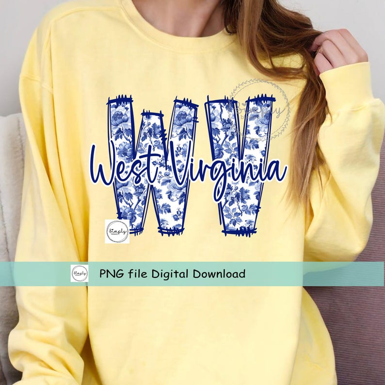 May include: A yellow sweatshirt featuring the words "West Virginia" in dark blue script. The letters "WW" are filled with a blue floral pattern. A banner below reads "PNG file Digital Download".