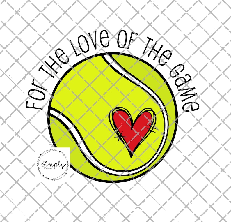 Puede incluir: Una pelota de tenis amarilla con un coraz&oacute;n rojo en el centro y el texto "For the love of the game" alrededor. La pelota est&aacute; sobre un fondo blanco con un patr&oacute;n de cuadr&iacute;cula gris.