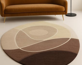 Weicher handgemachter Wollteppich - beiges und braunes organisches ovales abstraktes Muster - minimalistischer zeitgenössischer Teppich für gemütliches modernes Wohnzimmer, Schlafzimmer