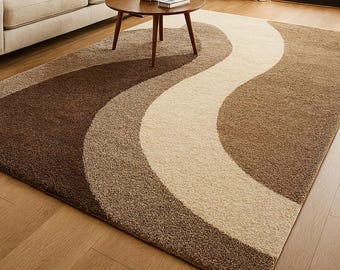 Handgetufteter, moderner Wollteppich in Braun, Beige und Dunkelbraun – geometrisches Wellenmuster für gemütliches Wohnzimmer, Schlafzimmer oder moderne Wohnräume