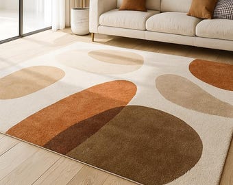 Moderner abstrakter handgefertigter Teppich für Wohnzimmer - Weicher neutraler Teppich in Rost, Beige & Braun - Gemütliches minimalistisches Wohndekor mit organischen Formen