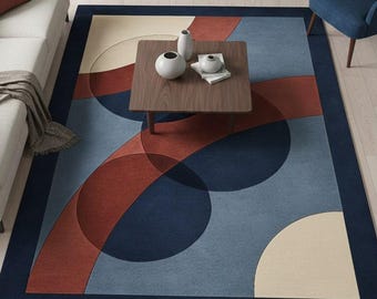 Hand-Tufted Soft Wool Rug– Modern Abstract Geometric Design in Navy, Red & Beige – Statement Area Carpet for Living Room, Bedroom Home Decor