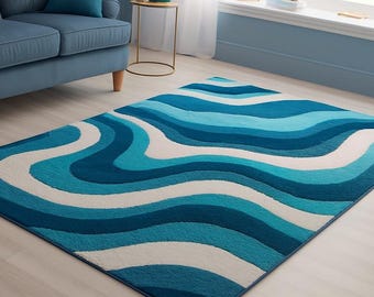 May include: A rectangular area rug featuring a wavy, abstract pattern in shades of dark blue, light blue, and cream. The design consists of flowing, horizontal bands that create a sense of movement across the surface of the floor covering.
