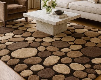 Hand-Tufted Modern Neutral Living Room Rug – Stone Pattern Wool Carpet in Beige & Brown – Cozy Minimalist Decor for Elegant Home Decor