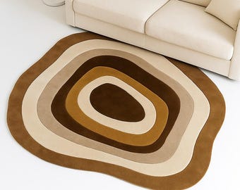 Handgetufteter Bio-Wollteppich – Weiche, topografische, abstrakte Muster in Beige, Braun und Hellbraun – Modernes, minimalistisches Wohnzimmer-Dekor