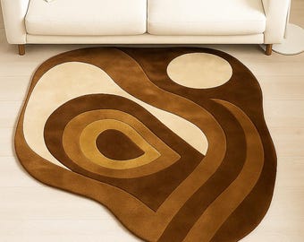 Handgetufteter moderner abstrakter Wollteppich - erdiges, konzentrisches Design in Beige, Braun und Hellbraun - skulpturaler Akzent für gemütliches, minimalistisches Wohnzimmerdekor