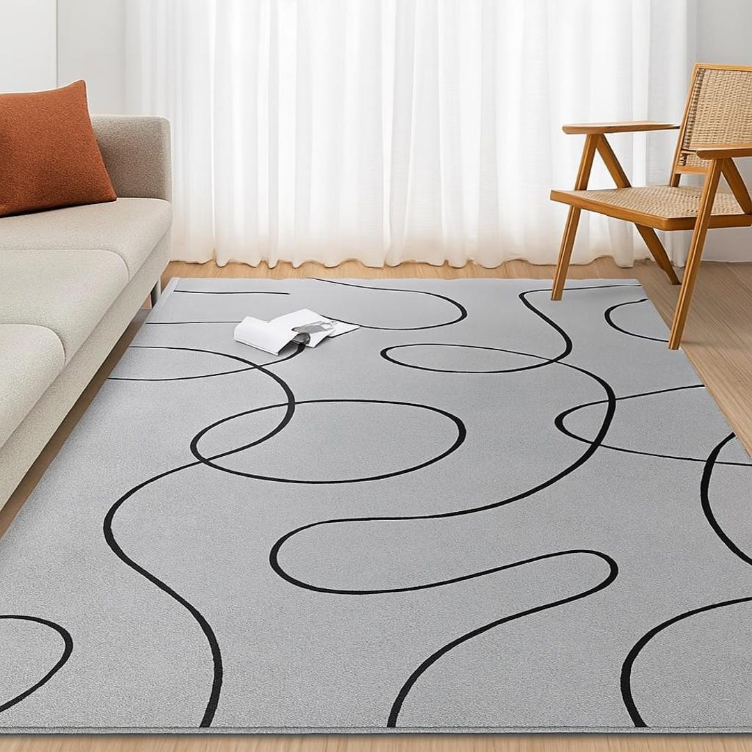 Modern Abstract Squiggle Rug – Minimalist Black Line Art on Soft Gray ...