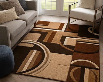 Hand-Tufted Contemporary Brown Beige Area Rug – Abstract Shapes & Soft Wool Texture for Elegant Living Room, Stylish Bedroom or Cozy Corners