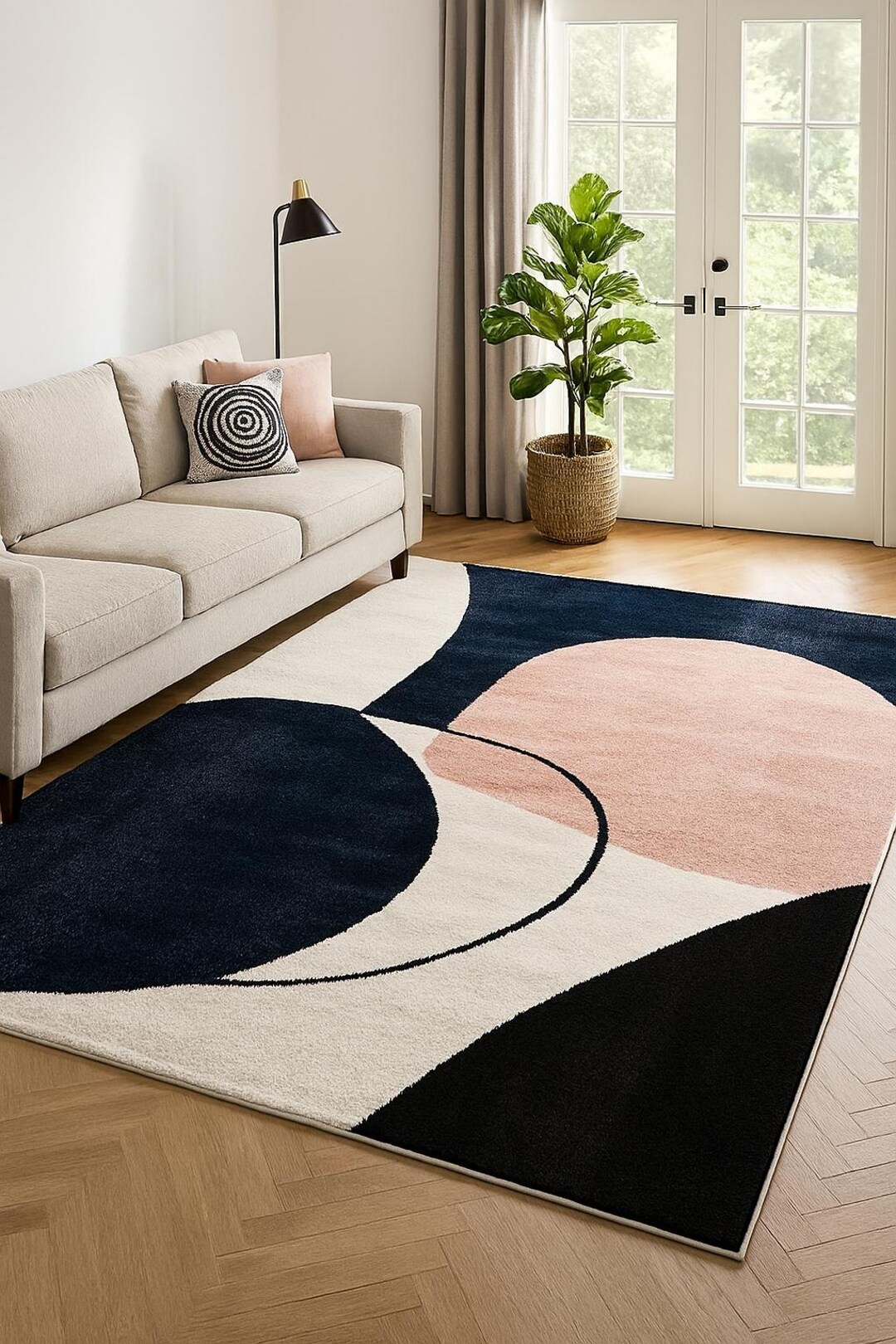 Overlap Blocks Wool Rug Hand-tufted Modern Wool Rug – Navy Blue, Pink, White & Black ...