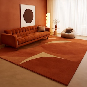 Handmade Tufted Rug in Terracotta & Beige – Geometric Design for Cozy Modern Living Rooms | Soft Texture, Earthy Tones and Minimalist Decor image 1