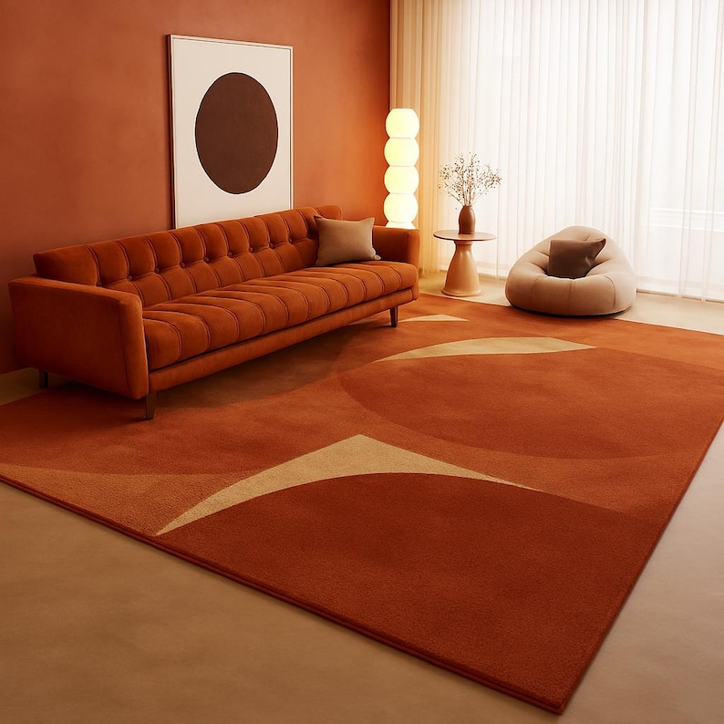 Handmade Tufted Rug in Terracotta & Beige – Geometric Design for Cozy Modern Living Rooms | Soft Texture, Earthy Tones and Minimalist Decor image 1