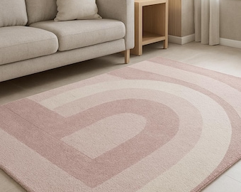 Blush Pink & Cream Curved Area Rug – Warm Soft Geometric Hand-Tufted Carpet for Modern Minimalist Living Room –Cozy, Calm, Trendy Home Decor