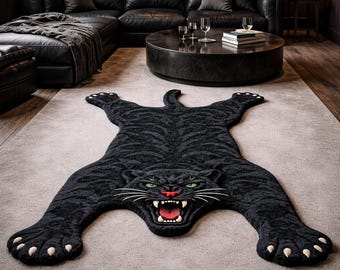 Hand-Tufted Wool Rug Black Panther Design – Fierce Animal Motif Carpet with Green Eyes, Bold Jungle Decor, Statement Piece for Living Room