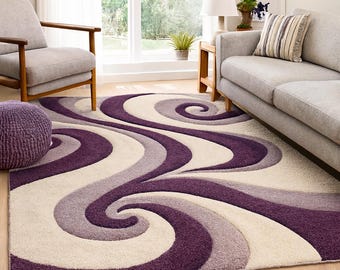 Handmade Purple Swirl Area Rug for Living Room – Soft Wool, Modern Abstract Design in Lavender & Cream – Warm Carpet for Stylish Home Decor