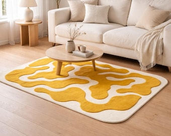 Hand-Tufted Modern Soft Wool Rug – White Base with Mustard Yellow Abstract Shapes, Rounded Corners,Bold Artistic Floor Decor for Living Room