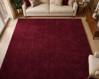 Hand-Tufted Deep Wine Wool Rug – Modern Abstract Solid Plain Rug for Living Room, Bedroom, Luxury Handmade Wool Area Rug 8x10 9x12 10x14.