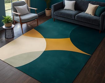 Warm & Soft Wool Rug – Hand-Tufted Abstract Design in Teal, Mustard and Cream – Cozy Carpet for Bedrooms and Modern Living Rooms Hall