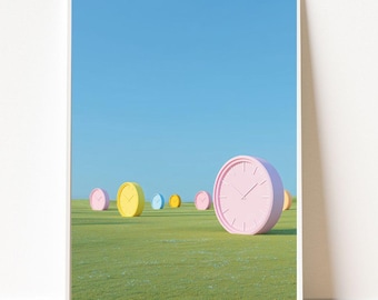 Pastel Clock Field Print, Liminal Space Wall Art, Dreamcore Poster, Surreal Grass Landscape Decor, Whimsical Digital Download