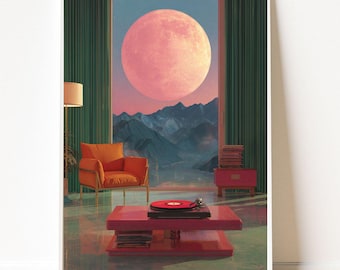 Retro Dreamcore Room Print, Pink Aesthetic Poster, Surreal Moon Wall Art, Dreamcore Interior Decor, Vinyl Lover Gift, Art Digital Download