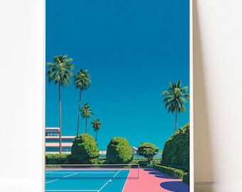 Retro Tennis Court Wall Print, Palm Tree Aesthetic Poster, Hiroshi Nagai Art Print Poster, Vibrant Summer Room Decor, Dorm Room Decor