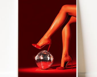 Sexy Red Heels Poster, Glam Disco Ball Wall Art, Fashion Editorial Art, Retro Nightclub Decor, High Heel Fashion Printable, Digital Download