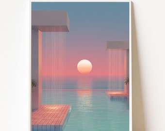 Liminal Pool Print, Pink Blue Aesthetic Poster, Vaporwave Wall Art, Dreamcore Pool Decor, Trendy Dorm Room Printable, Digital Download Art
