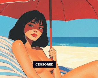 Nude Sunbathing Woman Print, Erotic Wall Art, Feminine Summer Digital Print, Retro Glam Artwork for Bedroom or Lounge, Provocative Portrait