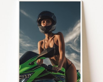 Biker Girl Poster, Sexy Motorcycle Wall Art, Edgy Glam Digital Print, Bold Female Portrait, Erotic Artwork for Garage or Man Cave Decor