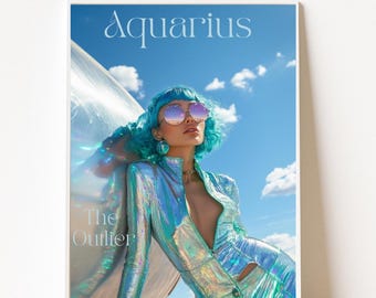 Arte de pared para mujer Acuario / Póster digital del zodiaco / Regalo astrológico para ella / Obra de arte celestial imprimible / Decoración estética de moda Acuario