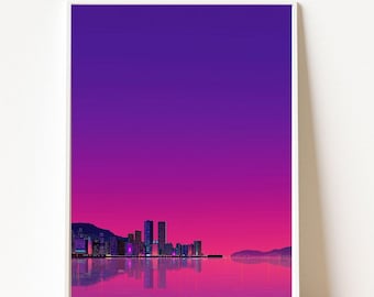 Cityscape Wall Art, Vaporwave City Print, Retro Night Skyline, Cyberpunk Art Print, Purple Sunset Poster, Vaporwave Water Poster, Dorm Room