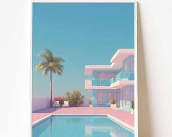 Retro Motel Print, Palm Tree Wall Art, Hiroshi Nagai Style, Dreamcore Aesthetic, Poolside Poster, Vaporwave Home Decor, Digital Print