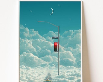 Dreamcore Cloud Taxi Print, Surreal Wall Art, Dopamine Decor Poster, Fantasy Sky Aesthetic, Dorm Room Art, Dream Street Print